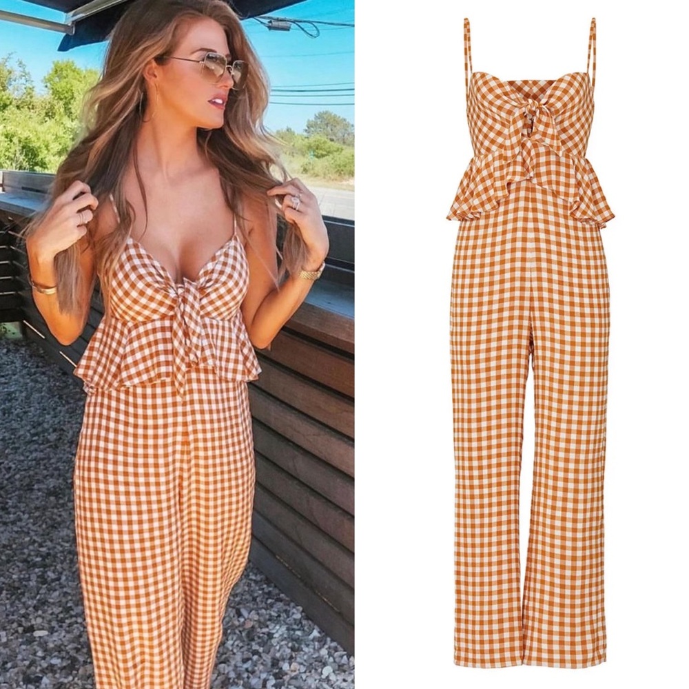 Saylor Anthropologie Laken Gingham Checkered Jumpsuit Apricot Tan Medium